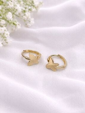 10K Real Gold Butterfly Huggie Hoop Earrings Small Dainty - 10.5mm